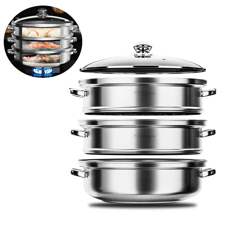 3 - Layer Stainless Steel Steamer with Glass Lid and Handles