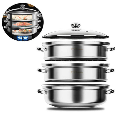 3 - Layer Stainless Steel Steamer with Glass Lid and Handles