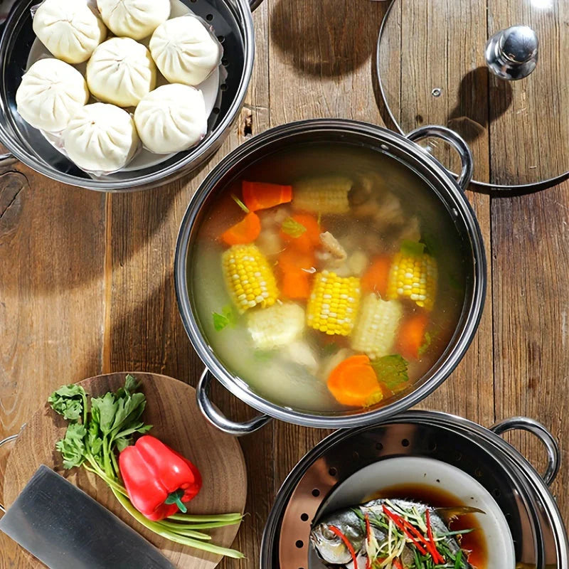3 - Layer Stainless Steel Steamer with Glass Lid and Handles