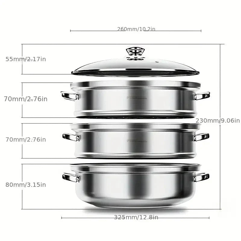 3 - Layer Stainless Steel Steamer with Glass Lid and Handles