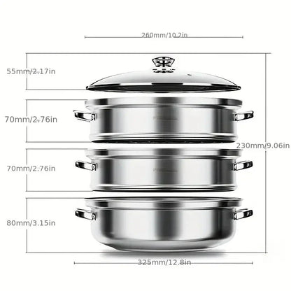 3 - Layer Stainless Steel Steamer with Glass Lid and Handles