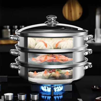3 - Layer Stainless Steel Steamer with Glass Lid and Handles