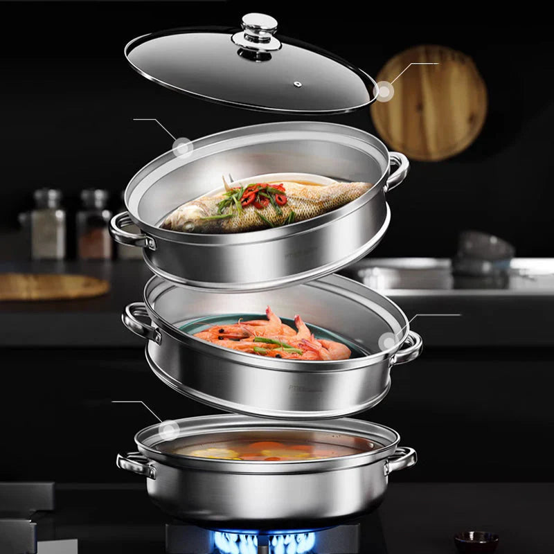 3 - Layer Stainless Steel Steamer with Glass Lid and Handles