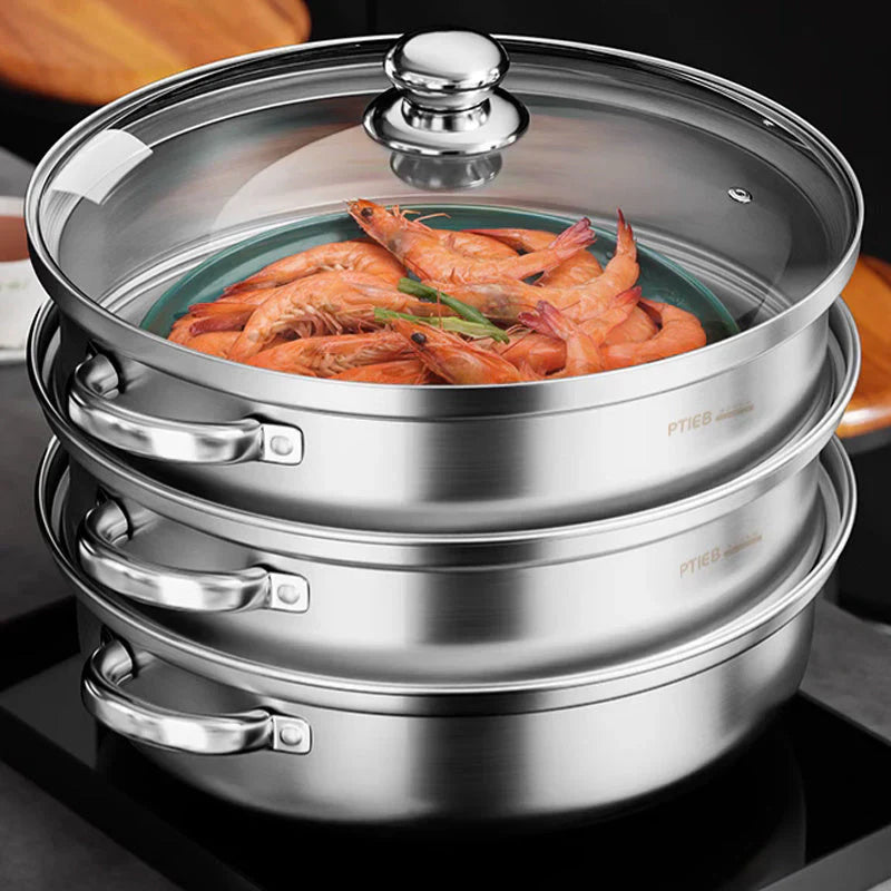 3 - Layer Stainless Steel Steamer with Glass Lid and Handles