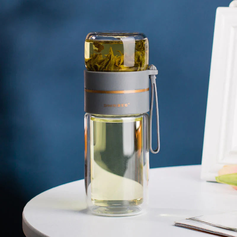 Double - Walled Glass Bottle with Tea Strainer and Infuser