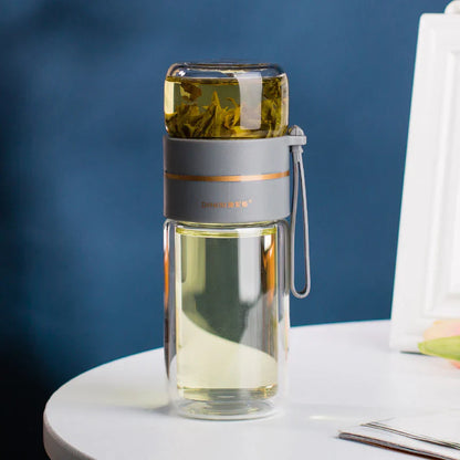 Double - Walled Glass Bottle with Tea Strainer and Infuser