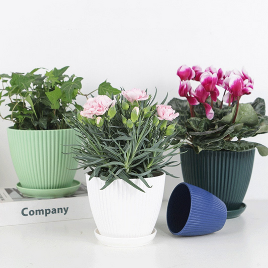 Flower Pot with Grooved Structure and Saucer - Sturdy Plastic Pot for Plants