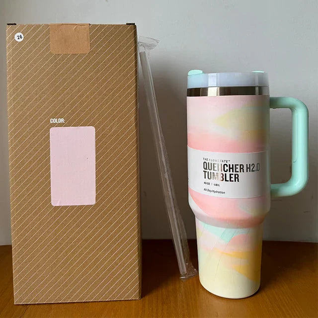 Insulated Stainless Steel Travel Mug - 40 Oz Large Mug With Handle Leakproof Lid And Straw