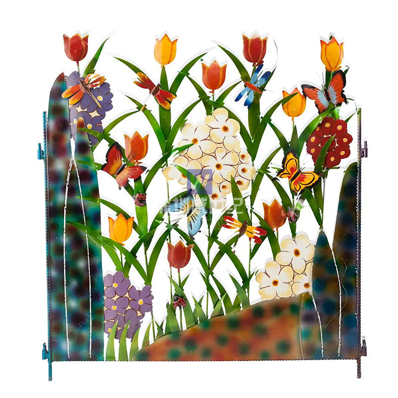 Colourful Garden Fence Decoration with Flowers and Butterflies - Metal Fence for Garden and Patio