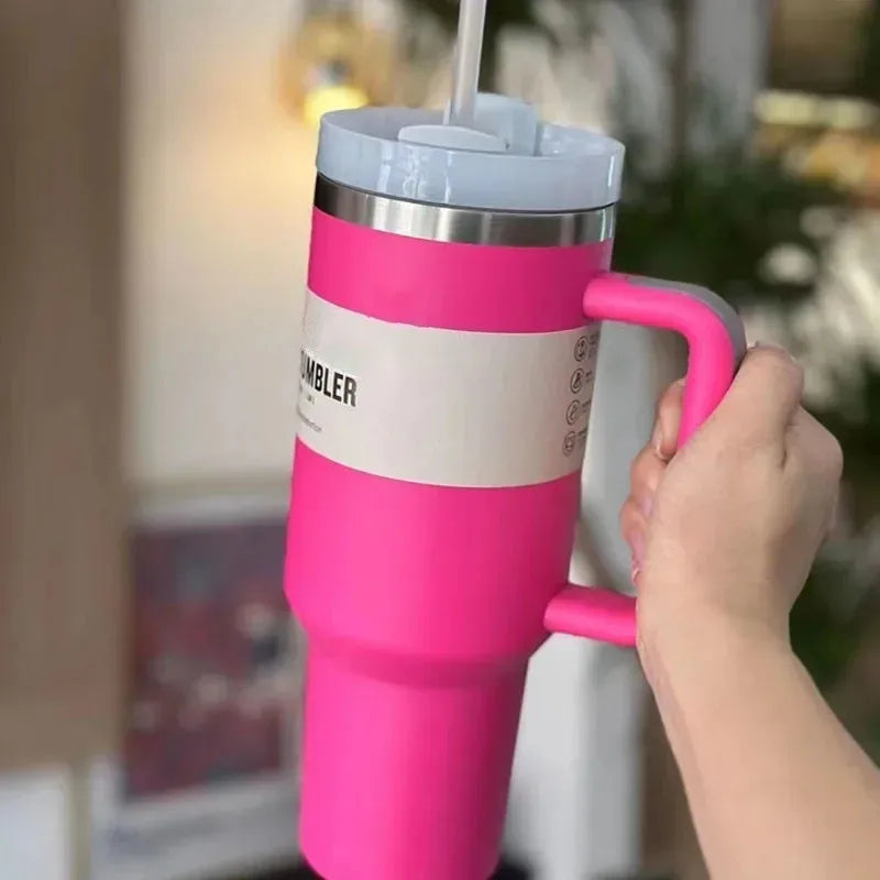 Insulated Stainless Steel Travel Mug - 40 Oz Large Mug With Handle Leakproof Lid And Straw