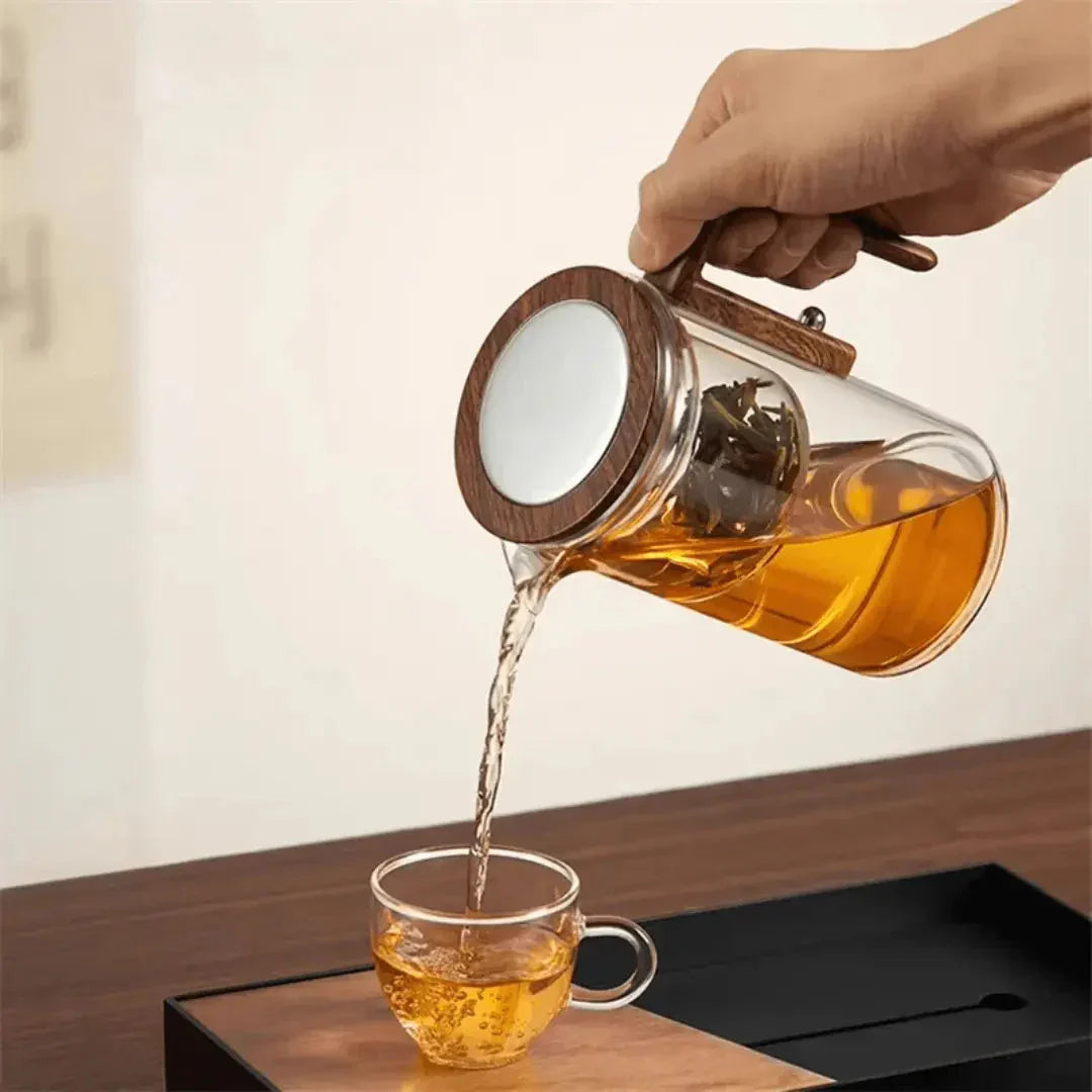 Elegant Glass Teapot with Wooden Handle - Transparent Teapot for Tea Enjoyment