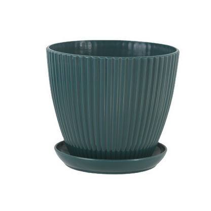 Flower Pot with Grooved Structure and Saucer - Sturdy Plastic Pot for Plants