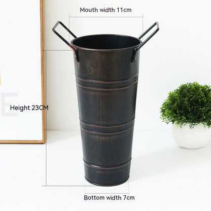 Retro Iron Flower Bucket with Handles - Decorative Metal Flower Pot for the Home