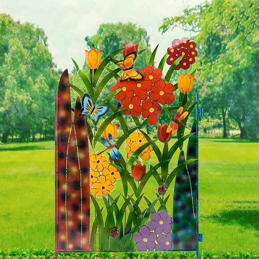 Colourful Garden Fence Decoration with Flowers and Butterflies - Metal Fence for Garden and Patio