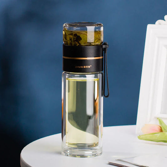 Double - Walled Glass Bottle with Tea Strainer and Infuser