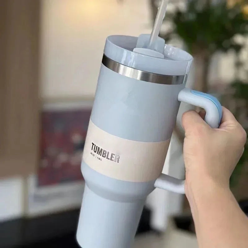 Insulated Stainless Steel Travel Mug - 40 Oz Large Mug With Handle Leakproof Lid And Straw