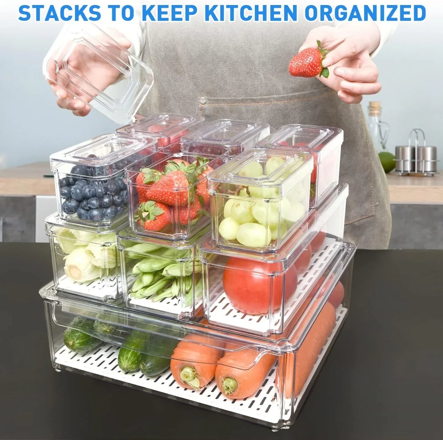 Stackable Refrigerator Organizer Set with 10 Storage Boxes