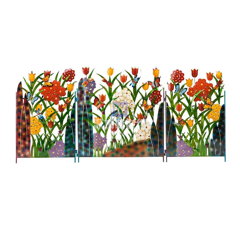 Colourful Garden Fence Decoration with Flowers and Butterflies - Metal Fence for Garden and Patio