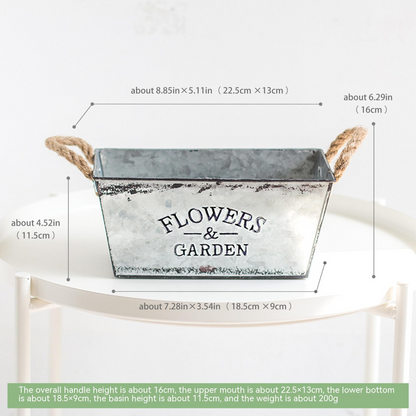Decorative Metal Flower and Garden Container with Hemp Rope Handles