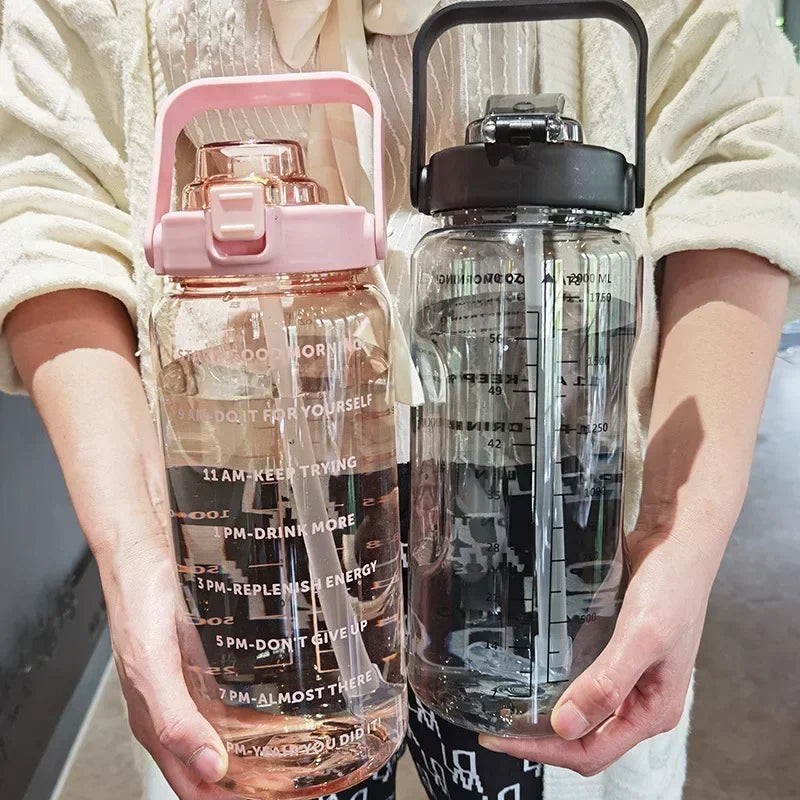 2l Portable Sports Water Bottle With Straw And Time Markings