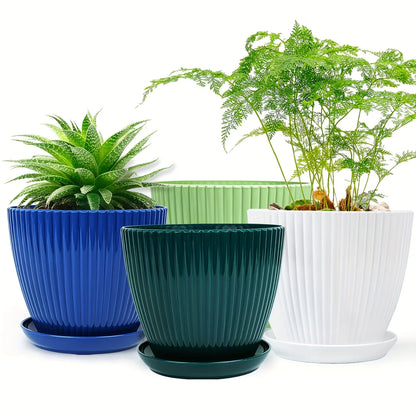 Flower Pot with Grooved Structure and Saucer - Sturdy Plastic Pot for Plants