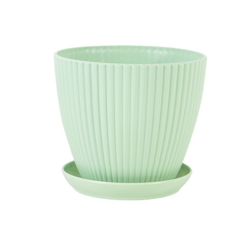 Flower Pot with Grooved Structure and Saucer - Sturdy Plastic Pot for Plants