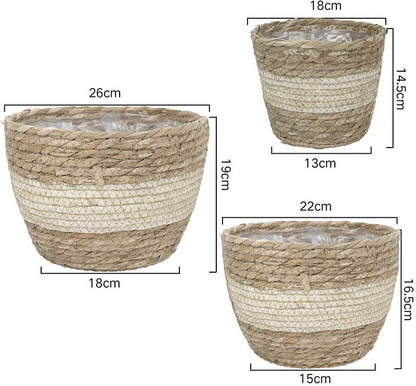 Decorative Plant Baskets Made of Seagrass in a Set of 3 - Hand - Woven Flower Pots with Foil Insert