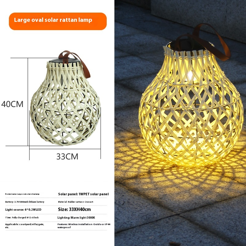Solar Led Rattan Lantern - Large Outdoor Lighting In Oval Design For Garden And Patio