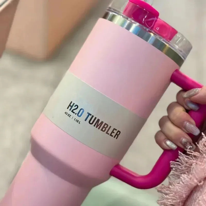 Insulated Stainless Steel Travel Mug - 40 Oz Large Mug With Handle Leakproof Lid And Straw