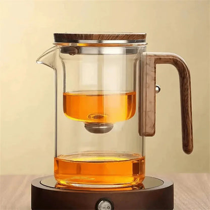 Elegant Glass Teapot with Wooden Handle - Transparent Teapot for Tea Enjoyment