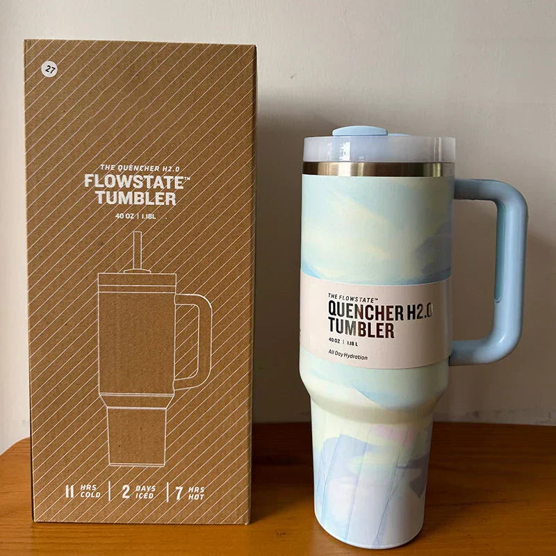 Insulated Stainless Steel Travel Mug - 40 Oz Large Mug With Handle Leakproof Lid And Straw