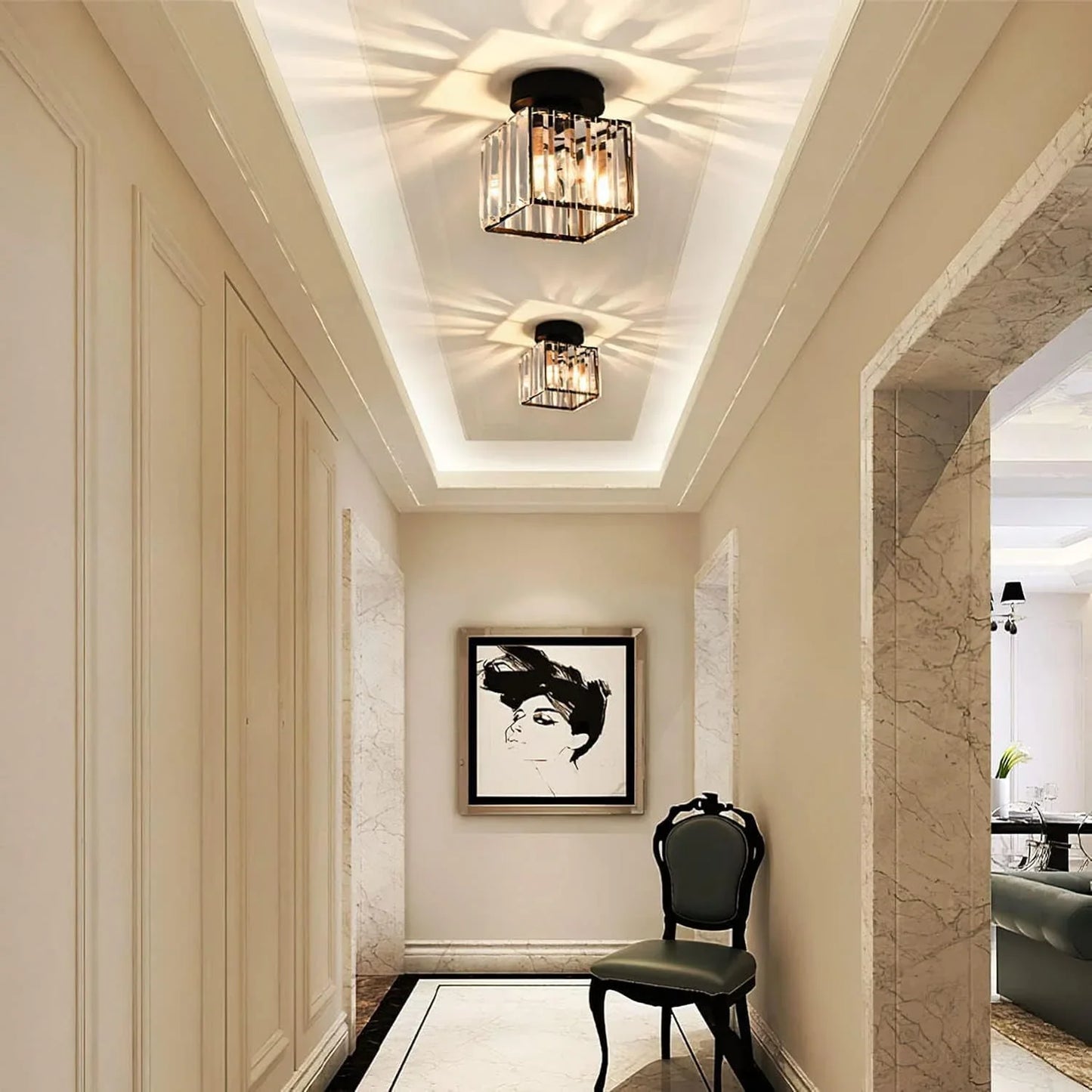 Modern Crystal Ceiling Light with Gold and Black Accents - Stylish Lighting for Your Home