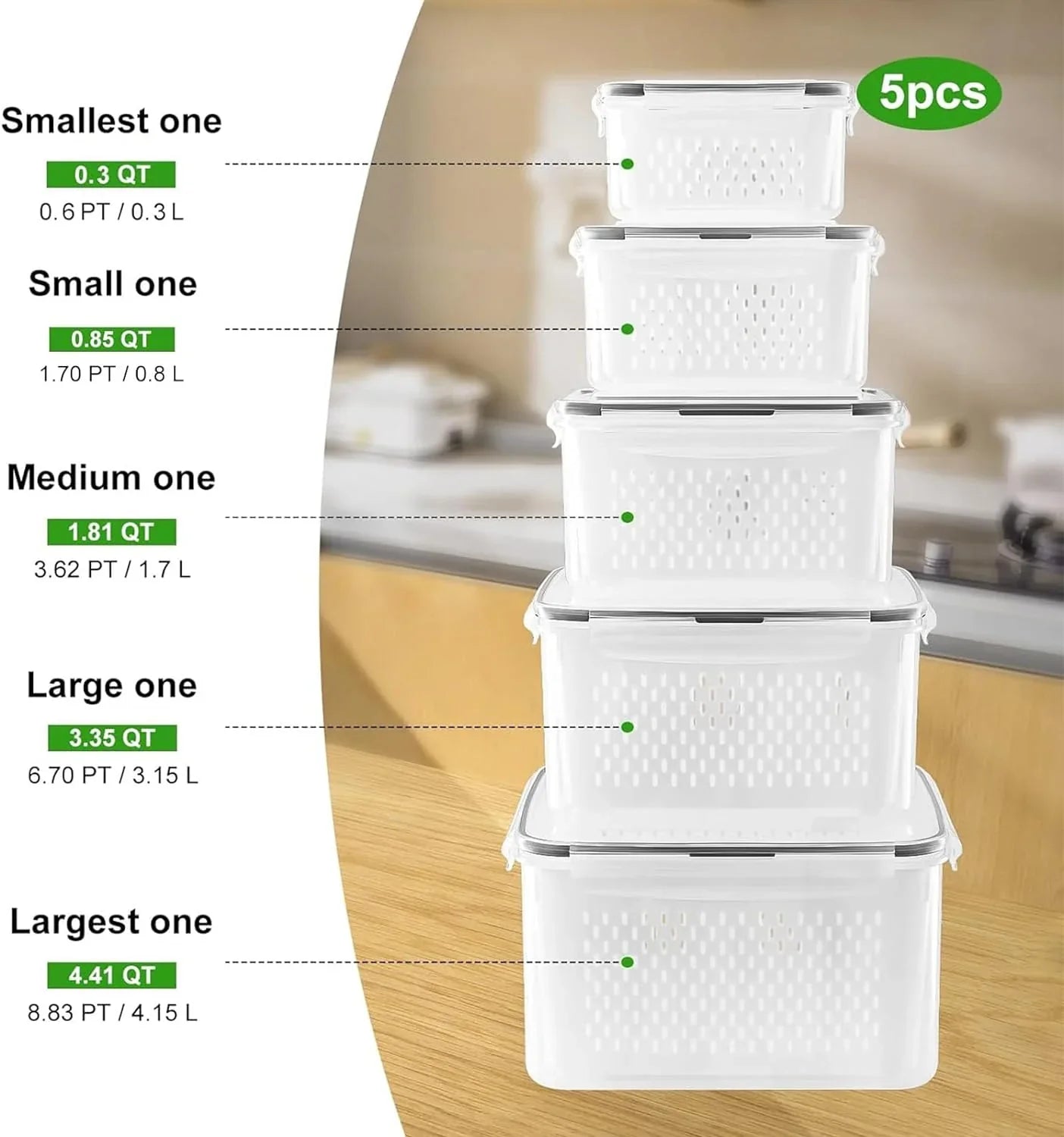 5 - Piece Large Food Storage Set with Lids - Freshness - Preserving and Practical
