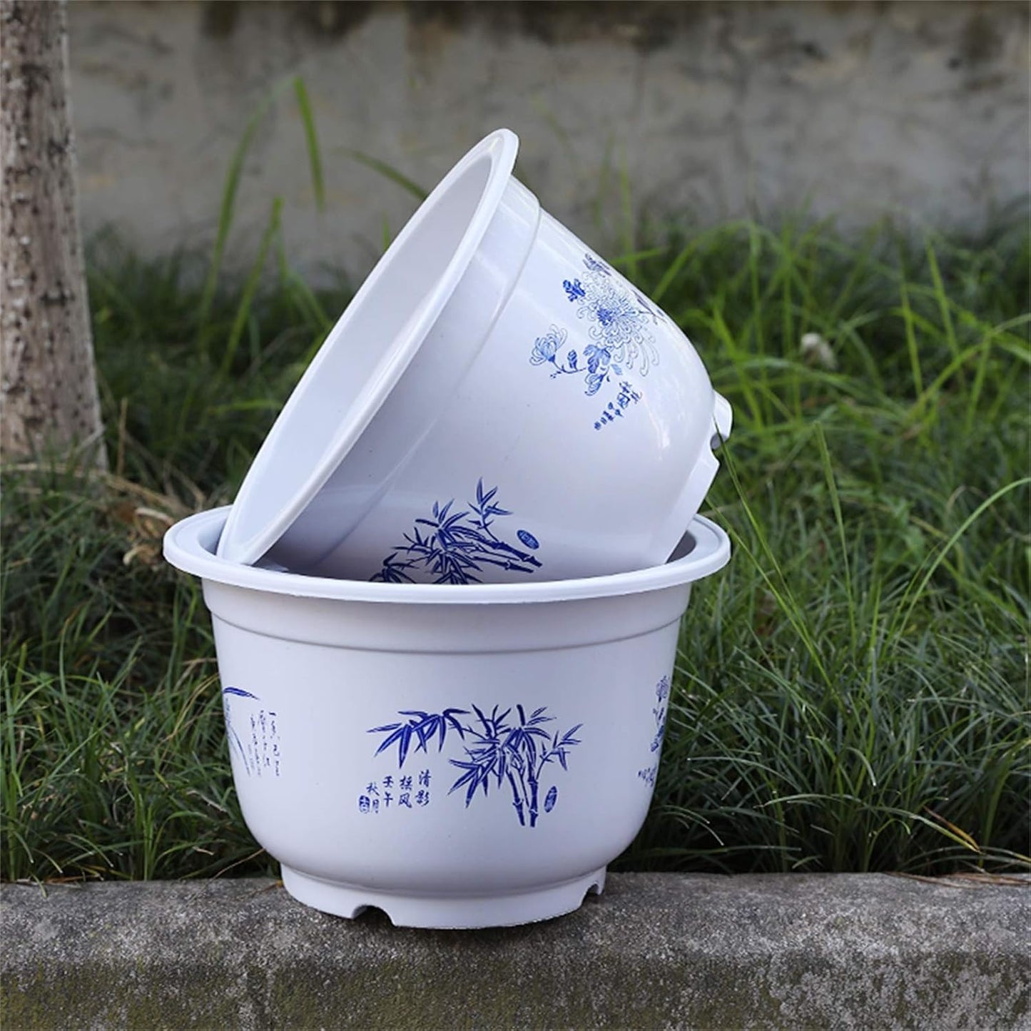 Plastic Flower Pot with Bamboo Motif - Elegant Plant Pot for Balcony and Garden