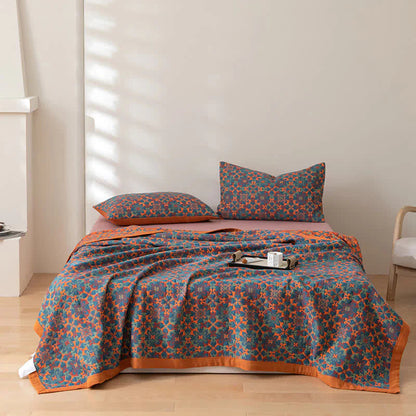 Six-layer Cotton Blanket With Orange-blue Pattern