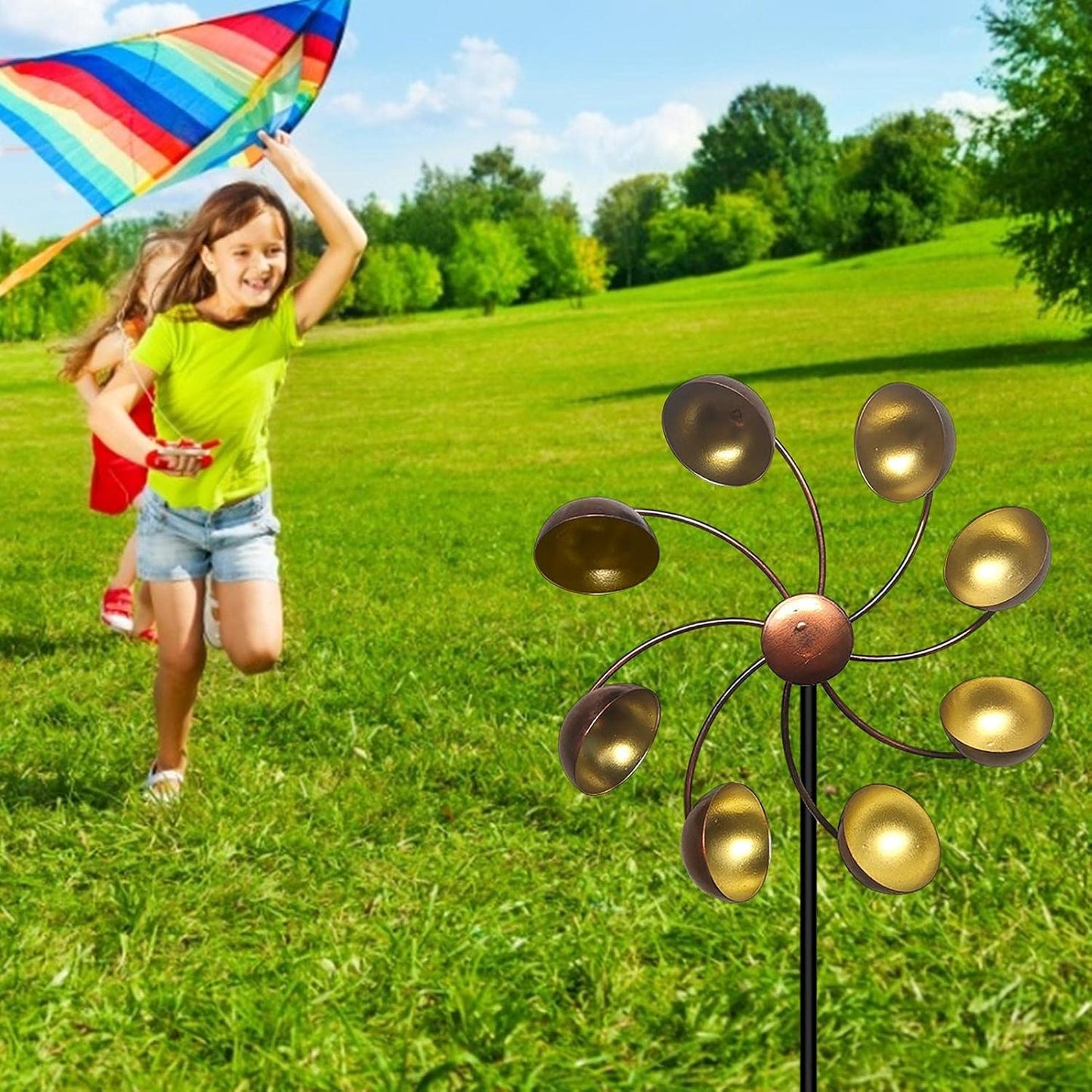 Decorative Garden Windmill with Metal Flowers - Colourful Wind Chime for Outdoor Use