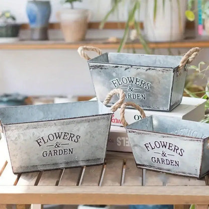Decorative Metal Flower and Garden Container with Hemp Rope Handles