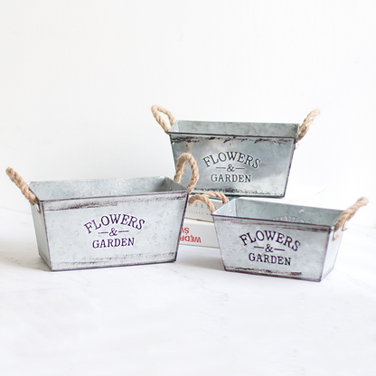 Decorative Metal Flower and Garden Container with Hemp Rope Handles