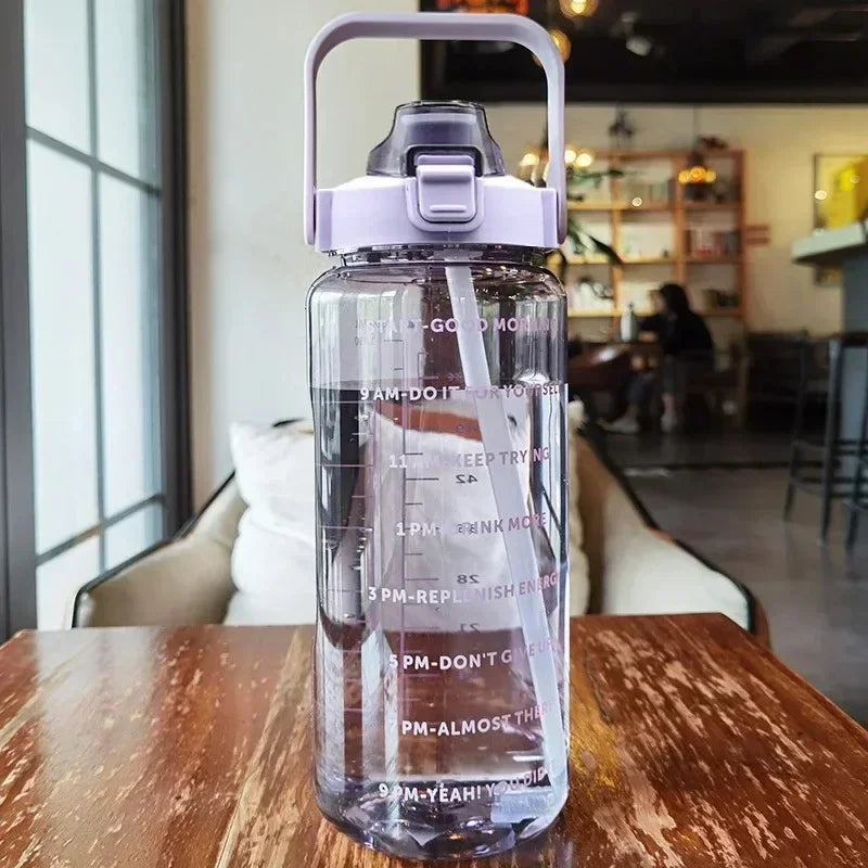 2l Portable Sports Water Bottle With Straw And Time Markings