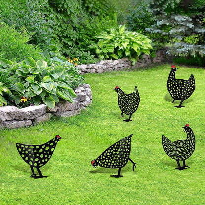 Decorative Metal Chickens - Garden Plug Set for Outdoor Use