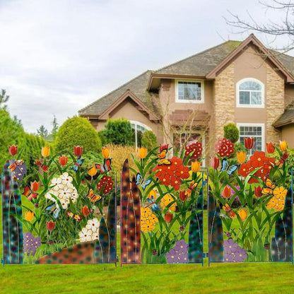 Colourful Garden Fence Decoration with Flowers and Butterflies - Metal Fence for Garden and Patio