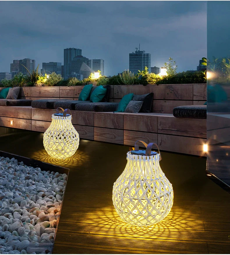 Solar Led Rattan Lantern - Large Outdoor Lighting In Oval Design For Garden And Patio