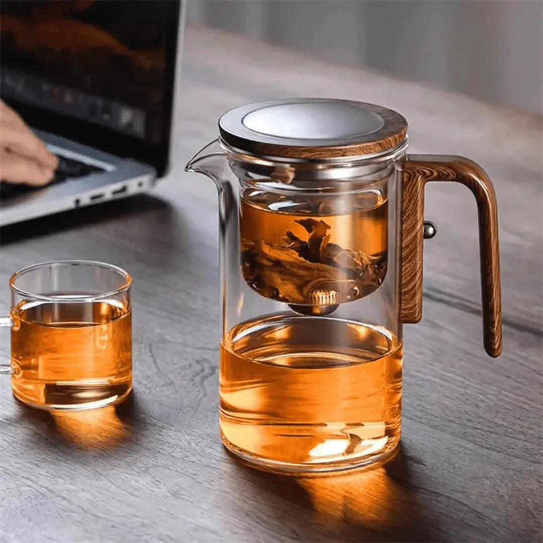 Elegant Glass Teapot with Wooden Handle - Transparent Teapot for Tea Enjoyment