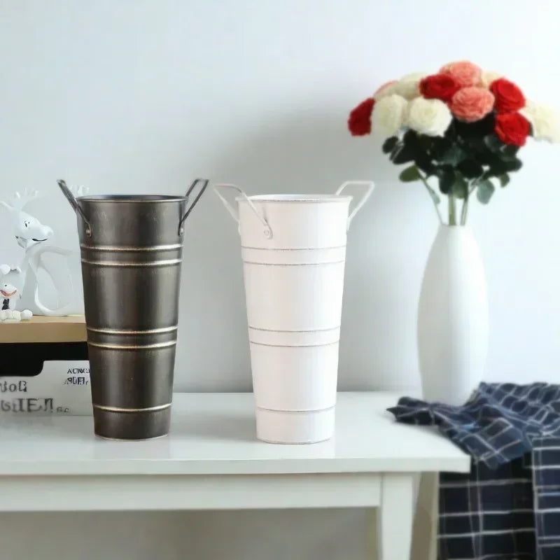 Retro Iron Flower Bucket with Handles - Decorative Metal Flower Pot for the Home