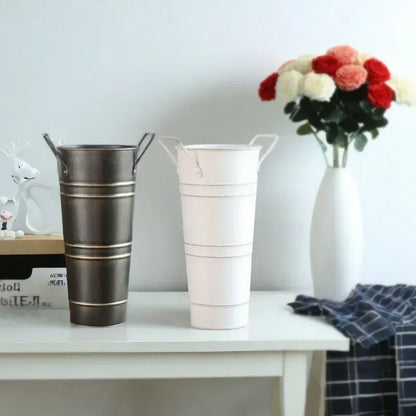 Retro Iron Flower Bucket with Handles - Decorative Metal Flower Pot for the Home