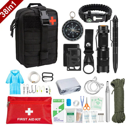 38 - In-1 First Aid and Survival Kit with Torch and Compass