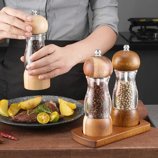 Pepper Mill And Salt Mill Set Made Of Wood And Glass - Stylish Spice Mills For The Kitchen