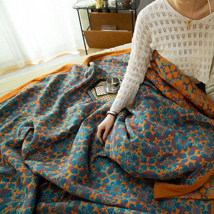 Six-layer Cotton Blanket With Orange-blue Pattern