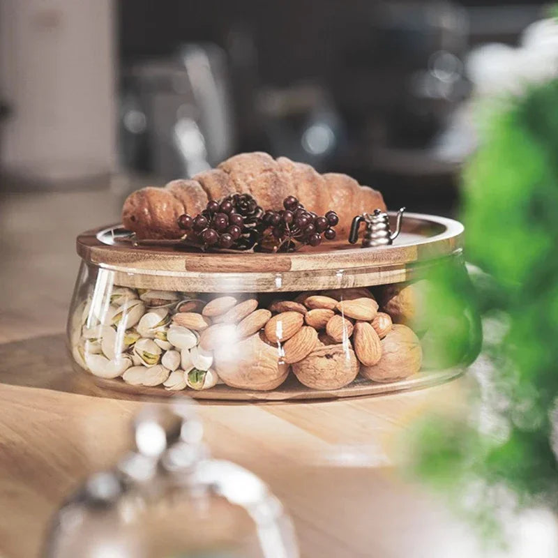 Glass Bowl With Wooden Lid - Sturdy Storage Bowl For Snacks And Sweets