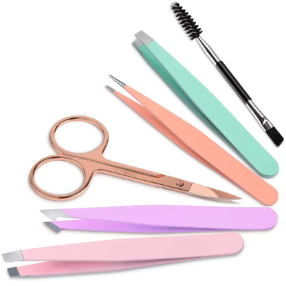Precision Tweezers Set - 6-piece Eyebrow Kit With Travel Case